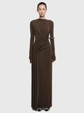 Elegant Slim Fit Folds Irregular Long Dress Fashion Women Long Sleeve Diagonal Collar Robes 2025 Chic Party Banquet Wear