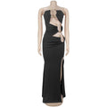 Women Sexy Strapless Cutout Maxi Dress Gold Metal Ring Decor High Waist Side Slit Bodycon Long Dress Clubwear Night Vestido