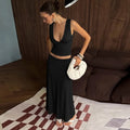 Chic Light Blue 2 Piece Outfit Women Deep V Neck Sleeveless Ruched Crop Top Low Waist Flowy Maxi Skirt Suit Party Matching Sets