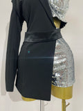 Women Shiny Sequins Black Splicing Long Sleeved Shorts Jumpsuit Celebirty Evening Birthday Party Bar Fashion Club Casual Dress