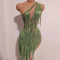Women Sparkly Rhinestones Tassel Green One Shoulder Sexy See-Through Dress Latin Dance Outfits Bar Nightclub Party Stage Costume