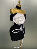 Women Sexy Off Shoulder White Flower Black Mini Bodycon Bandage Dress Luxury Celebrity Evening Club Elegant Party Gowns