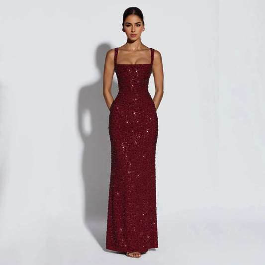 Prom Gowns European and American Temperament Backless Suspender Dress Solid Slim Draped Sequined Long Dresses for Women