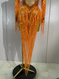 Women Sparkly Diamond Orange Tassel Latin Dance Outfits Long Sleeves Mesh Transparent Dress Bar Nightclub Party Club Stage Wear