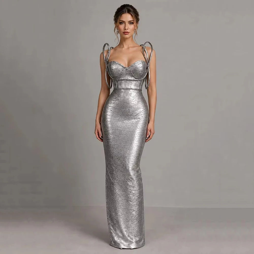 Women Sleeveless Bodycon Bandage Corset Long Dress Celebrity Elegant Gold Evening Party Luxury Birthday Dress Vestidos