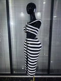 High Quality Women Sexy Slash Neck Striped 2 Pieces Bodycon Midi Bandage Dress Nightclub Party Celebrate Evening Clothing