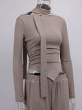Solid Two Piece Set for Women Slash Neck Irregular Hem Long Sleeve Top High Waist Straight Pant Casual Suit Female