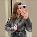 Women's Chic Lapel Oversized PU Leather Jacket Casual Full Sleeve Drop Shoulder Belted Coat Lady 2026 Spring Chic Streetwear