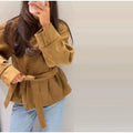 Women Suede Jacket Stand Collar Asymmetric Button Belted Waist Peplum Hem Long Sleeve Loose Retro Casual Outerwear Fashion Coat