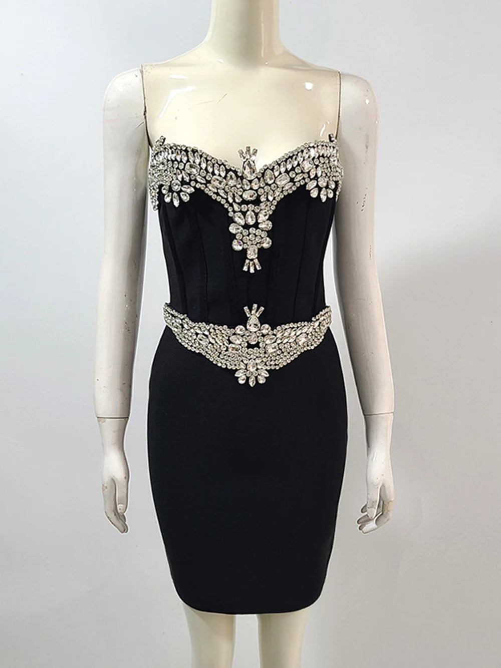 Ladies Luxury Diamond Strapless Tight Backless Design Celebrity Party Club Black Sleeveless Sexy Mini Bandage Dress