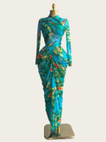 Tie Dye Printed Women Set Wrap Crop Top + Ruched Maxi Skirt 2026 Summer Beach Vacation Birthday Two Piece Set Outfits