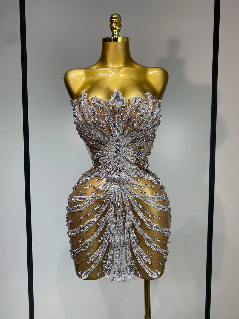 Women Sexy Strapless Rhinestones  Mini Dress Performance Costume See Through Stage Dancer Club Evening Party Birthday Dress
