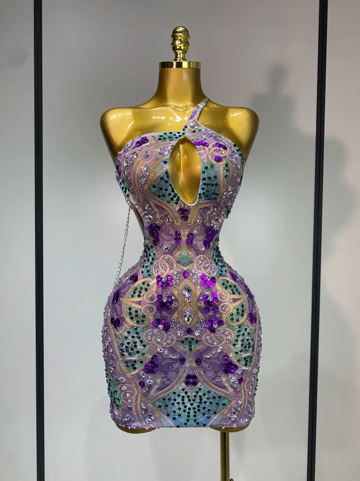 Sprakly Rhinestones Women Sexy Mesh See Through Hollow Out Mini Dress Luxury Birthday Birthday Photo Shoot Performance Costume