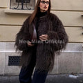 Ins Brand Fashion 2026 Winter Chocolate Brown Oversized Faux Fur Coat Women Fluffy Tassles Jacket Thick Chunky Overcoat