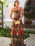 Lady Printed Strapless Dress Elegant Fashionable Colorful Waist Pleated Long Gowns Women Summer New Vacation Party Robes 2025