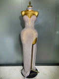 Luxurious Full Rhinestones Mesh Transparent Long Dress Women Birthday Celebrate Evening Prom Dress Party Club Stage Costume