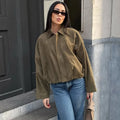 Women's Faux Suede Cropped Bomber Jacket Lapel Collar Zipper Loose Autumn Winter Casual Streetwear Vintage Coat 2026 New