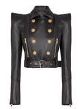 2026 New Slim Double Dreasted Pu Faux Leather Short Jacket with Belt Streetwear Female Retro Moto Biker Coat Outwear