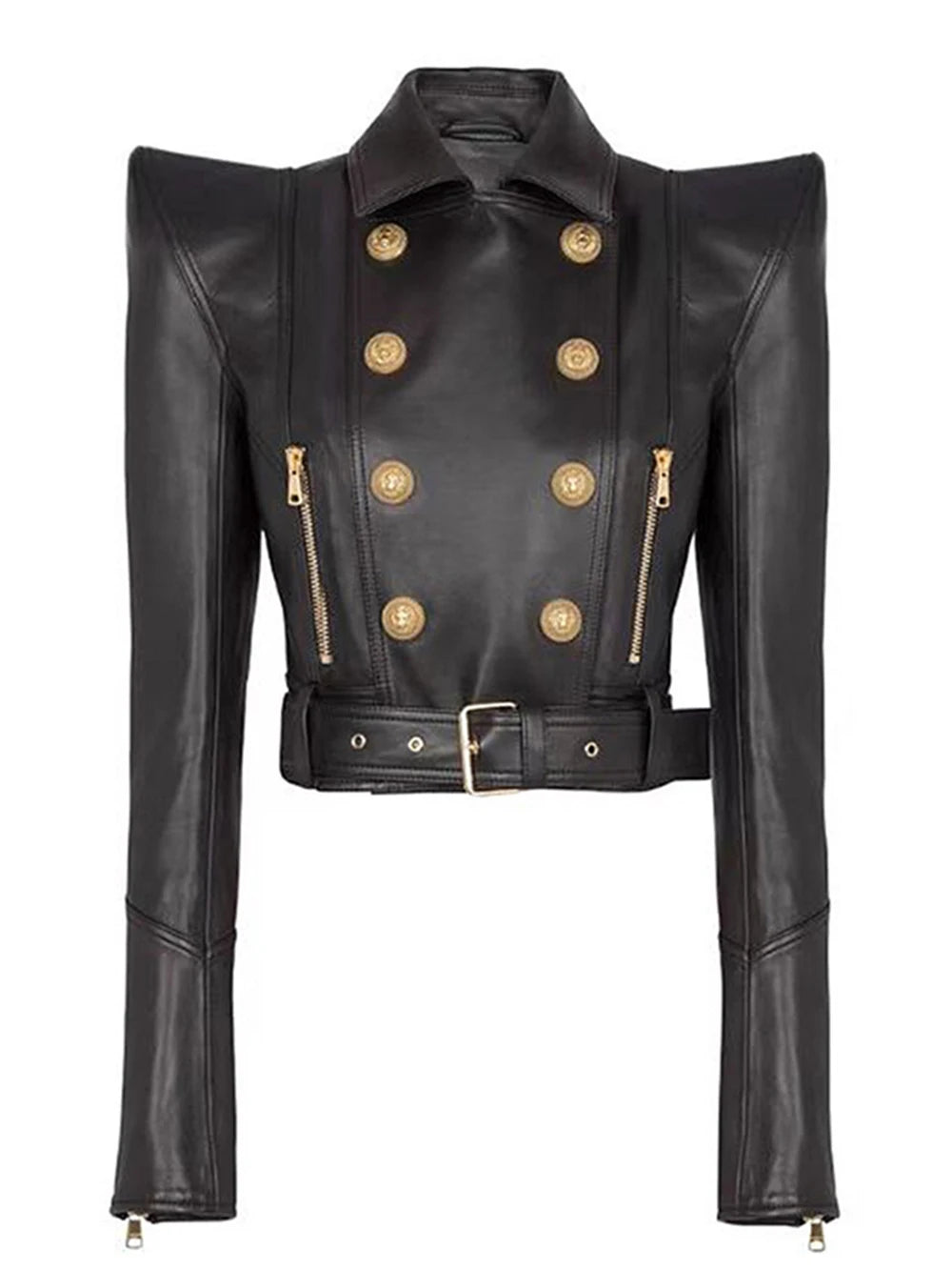 2026 New Slim Double Dreasted Pu Faux Leather Short Jacket with Belt Streetwear Female Retro Moto Biker Coat Outwear