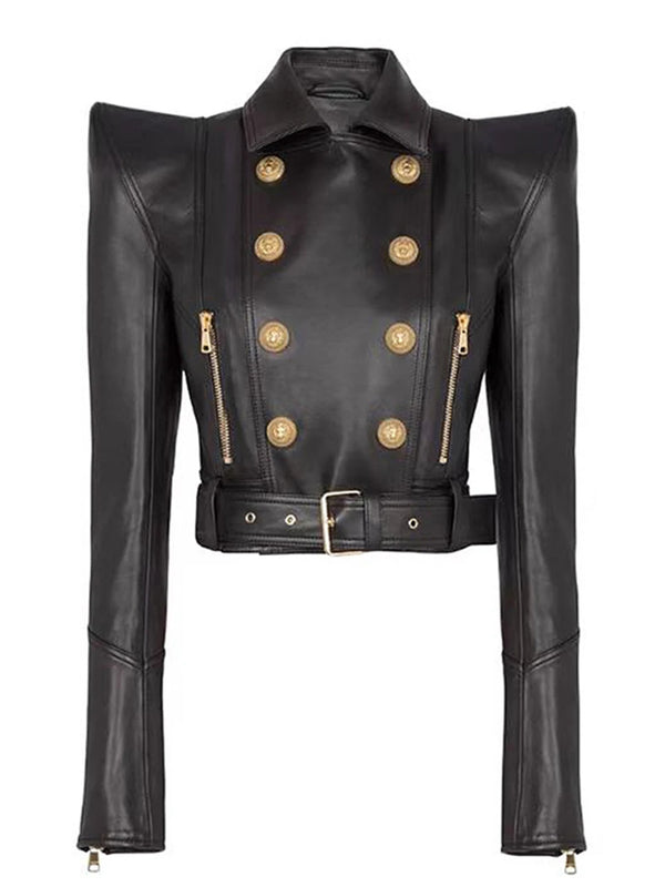 2026 New Slim Double Dreasted Pu Faux Leather Short Jacket with Belt Streetwear Female Retro Moto Biker Coat Outwear