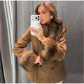 Retro Suede Faux Fox Fur Collar Blazer Coat Long Sleeve Double Breasted Fluffy Furs Cuff Women Fashion Jacket 2026 Chic Outfits