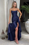 Sexy Satin Long Dress Luxury Ruffles Backless Bandage Evening Dresses Red Burgundy Blue Wedding Guest Cocktail Party Summer New
