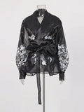 Solid Casual Patchwork Lace Up Blouse For Women V Neck Long Sleeve Spliced Mesh Embroidery Blouses Female Fashion