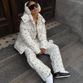 Women Floral Print Hooded Puffer Snow Suit Two Piece Outfit Thick Warm Winter Windproof Ski Jacket Wide Leg Pants Set Outdoor