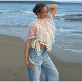 Sexy Cape Style Lace Perspective Top Women Half High Neck Short Sleeve Solid Irregular Pullover Lady Chic Casual Beach Top Cloth