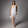 Women's Glam Low-Cut High Split Sleeveless Fringed Dress Fashion Party Dinner Evening Gown Performance Costume Vestidos De Noche