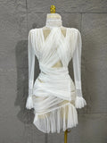 Madam Elegant See-Through Tulle Mesh High Halter Cross Twisted Waist Cut Out RuchedMini Dress Flared Cuff Ruffle Night OutOutfit
