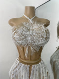 Women Sexy Crop Top Skirt Two Pieces Sets Glitter Sequins Backless Performance Outfit Nightclub Luxury Birthday Dress