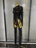 Red Black Women Long Sleeve Sexy Mesh See Through Sparkly Crystal Bodycon Jumpsuit Celebrate Nightclub Bar Dance Stage Wear