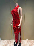 Elegant 3D Flower Applique Halter Maxi Dress Sexy Off Shoulder Backless Ruffled Bodycon Bandage Celebrity Evening Party Gowns