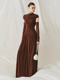 Solid Slim Fit Maxi Dress Elegant O-neck Detachable Long Sleeves Party Dress New Temperament Pleated Women Maxi Dresses