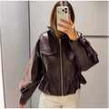 Fashion Women's Drawstring Short Leather Jacket Stand Collar Long Sleeve Ruffle Zipper Female Coat 2026 Autumn Lady Chic Jackets