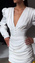 Sexy Women Deep V Puff Long Sleeve Satin Dress Solid Waist-cinching Design Ruched Slim Fit Dresses Elegant Party Lady Gowns 2026