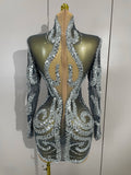 Sparkly Rhinestones Sexy Mesh Transparent Mini Dress Eveing Birthday Party Dance Nightclub Fashion Show Stage Costumes