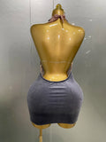 Sexy Sparkly Rhinestones Halter Backless Mesh Velour Short Dress Women Evening Prom Celebrate Birthday Party Stage Wear
