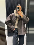 Fashion Faux Fur Collar Middle Long Jackets Women Solid Full Sleece Button Zipper Coats 2025 Lady Chic Casual Winter Outerwear