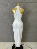 White Halter Neck Maxi Dress Women Sexy Sheer Nude Mesh 3D Floral Applique Form-Fitting Outfit Formal Event Party Costume