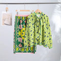 Bow Tie Neck Women Floral Print Set Long Puff Sleeve Cuff Trim Loose Blouse Vibrant Ethnic Midi Skirt Straight Hem Street Daily