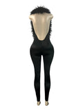 Sexy Feather Patchwork Jumpsuit Women Deep V-Neck Halter Backless Stretch Skinny Street Midnight Activity Clubwear
