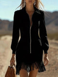 SHENGPALAE Women Dress Mini Long Sleeve Faux Suede Fringe Western Slim Zip Pocket Autumn 2026 New 05E03783
