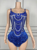 Sparkly Silver Rhinestones Pearl Tassels Bodysuit 2025 New Women Sexy Eveing Birthday Party Nightclub Stage Performance Costume