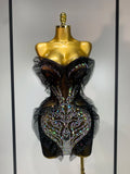 Sparkly Rhinestone Strapless Black Mesh See Through Mini Dress Women Eveing Party Birthday Singer DJ Nightclub Bar Stage Costume