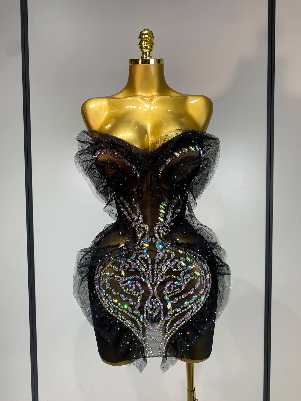 Sparkly Rhinestone Strapless Black Mesh See Through Mini Dress Women Eveing Party Birthday Singer DJ Nightclub Bar Stage Costume