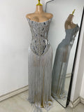 Luxury Women Diamonds Tassels Sexy Sleeveless Elegant Solid Color Maxi Evening Party Dress Celebrity Birthday Dress Prom Gowns