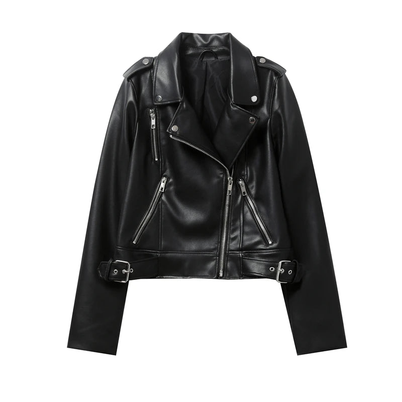 Women's Spring Black faux-leather jacket Casual zipper and belt Cycling jacket Casual jacket jacket