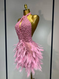 Sexy Halter Backless Feather Pearl Short Party Dress Women Luxury Rhinestone Celebrate Birthday Outfit Performance Dance Costume